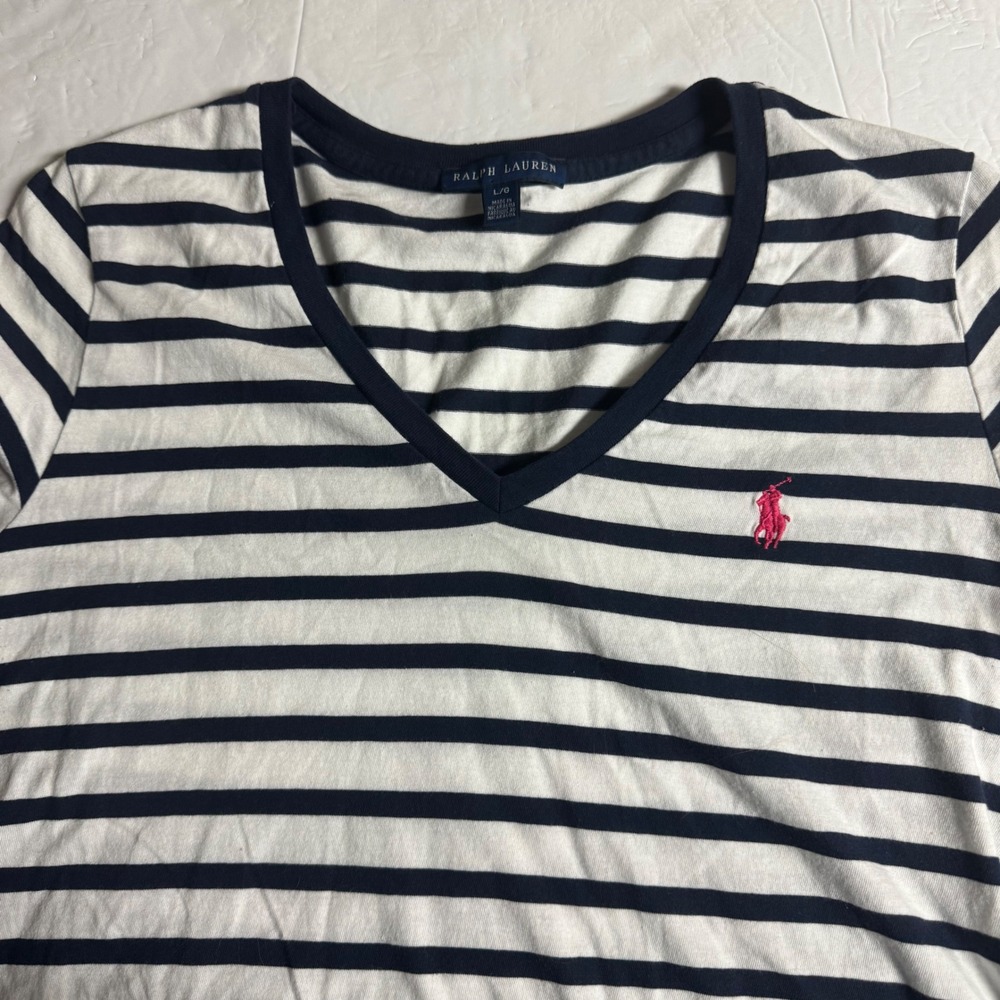 Ralph Lauren Womens V-Neck T-Shirt Navy White Striped Pink Pony Logo Large
